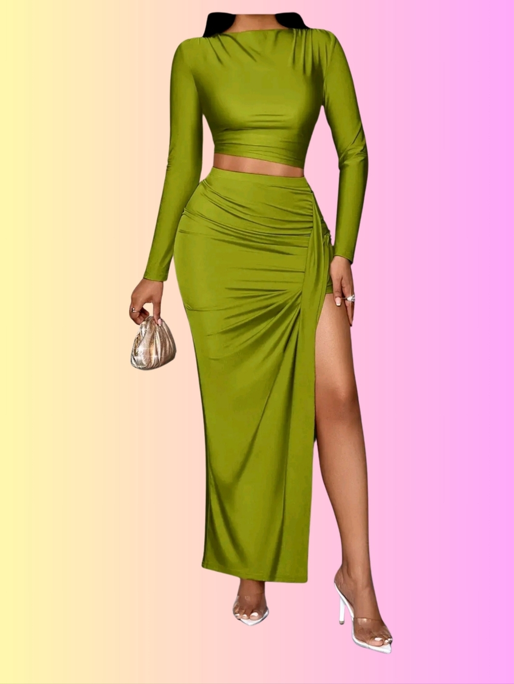 Olive Green Ruched Side-Slit Maxi Skirt And TOP SET